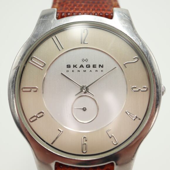 Skagen Men Two Tone Slim Swiss Parts 38mm Watch Brown Lizard Leather New Battery - Picture 4 of 16